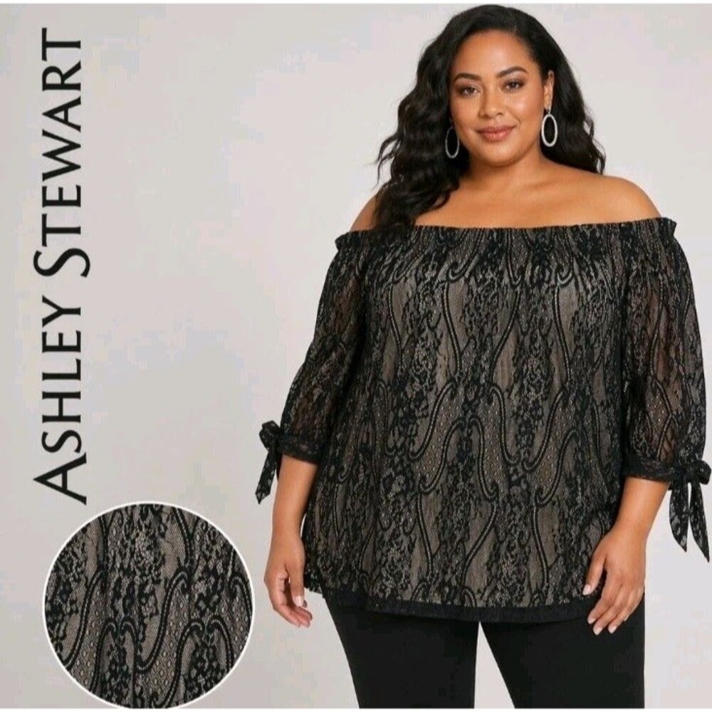 NWT ASHLEY STEWART Womens 30/32 Feminine Off Shoulder Black Lace Dressy Top